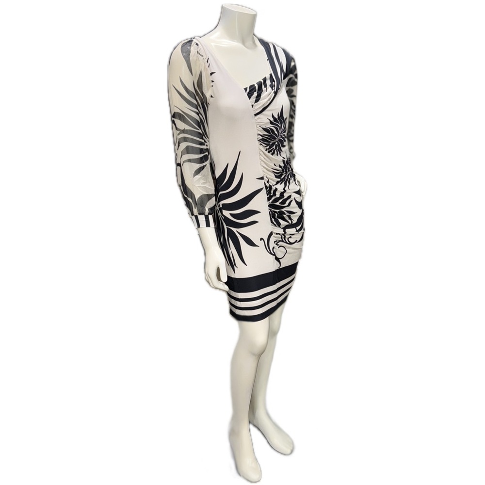 ANALILI Black White Silk Floral Dress Sheer Long Sleeve Slip Lined l Sz L *READ*